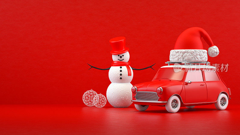 Christmas Travel Holiday Concept, Red Car, Red Background